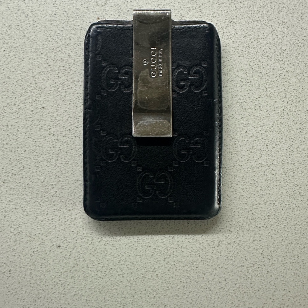 Gucci Black Embossed Leather Money Clip Card Holder with Metal Clip